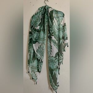 Nadine West Sheer Cream Scarf w/ Green Plant Print